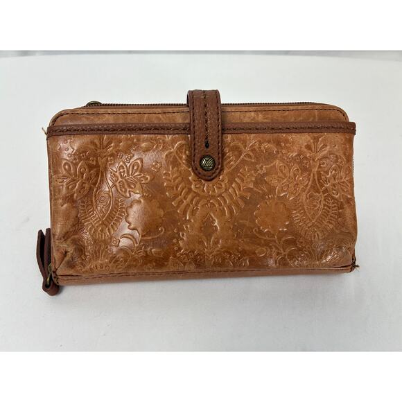 The Sak Handbags - The Sak Iris Leather Wallet Camel Floral Embossed Smart Phone Missing Strap